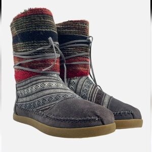 Toms Nepal Yarn Knit Gray Suede Sherpa Lined Boots Mid Calf Women's Size 7